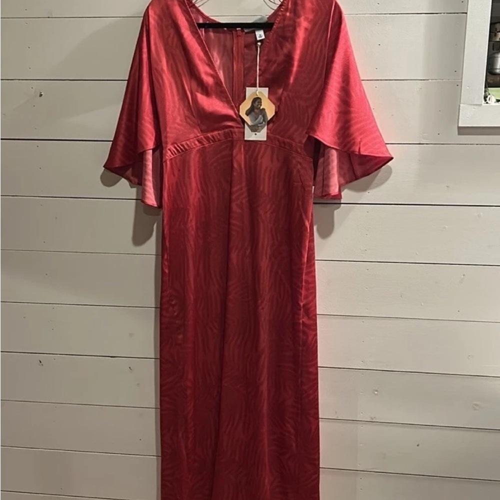 Fe Noel Elegant Red Maxi Dress with Flared Sleeves